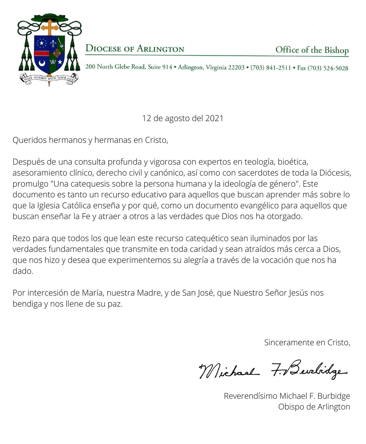 Idelogia de Genero Bishop's letter